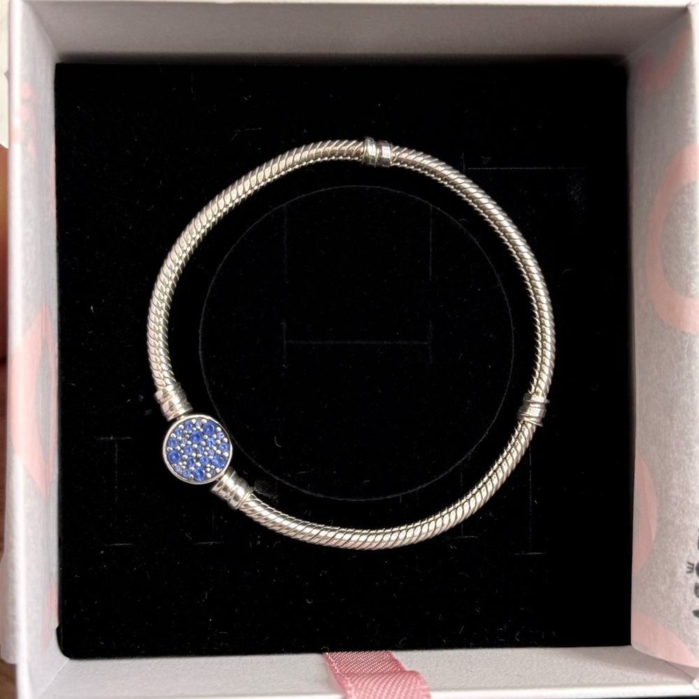 Pandora Moments Sparkling Blue Disc Clasp Snake Chain Bracelet